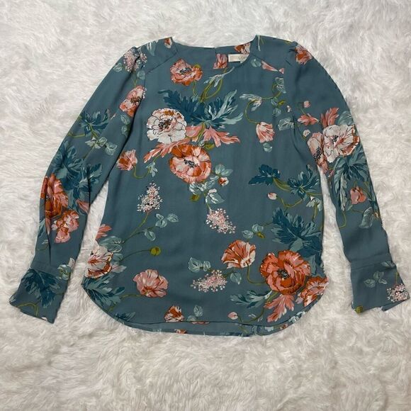 LOFT Floral Top Blouse Blue Green Long Sleeve Size XS Feminine Office Career - Picture 2 of 10